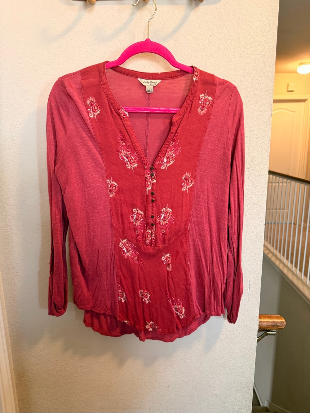 Lucky Brand Rose-Pink Long Sleeve Embroidered Peasant Blouse